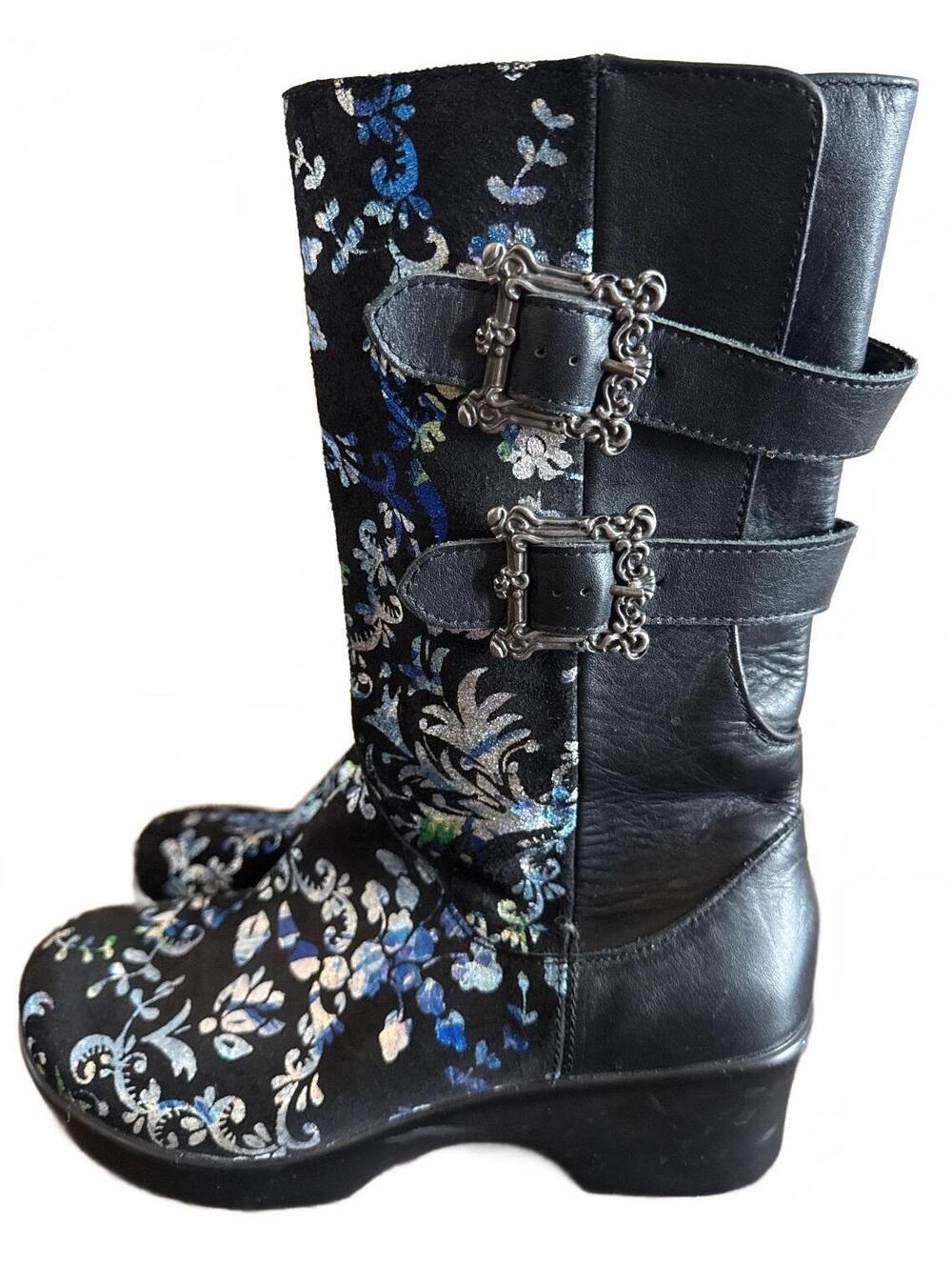 Alegria Erica Snazzy floral moto buckle boot Blue and black metallic size eu 39